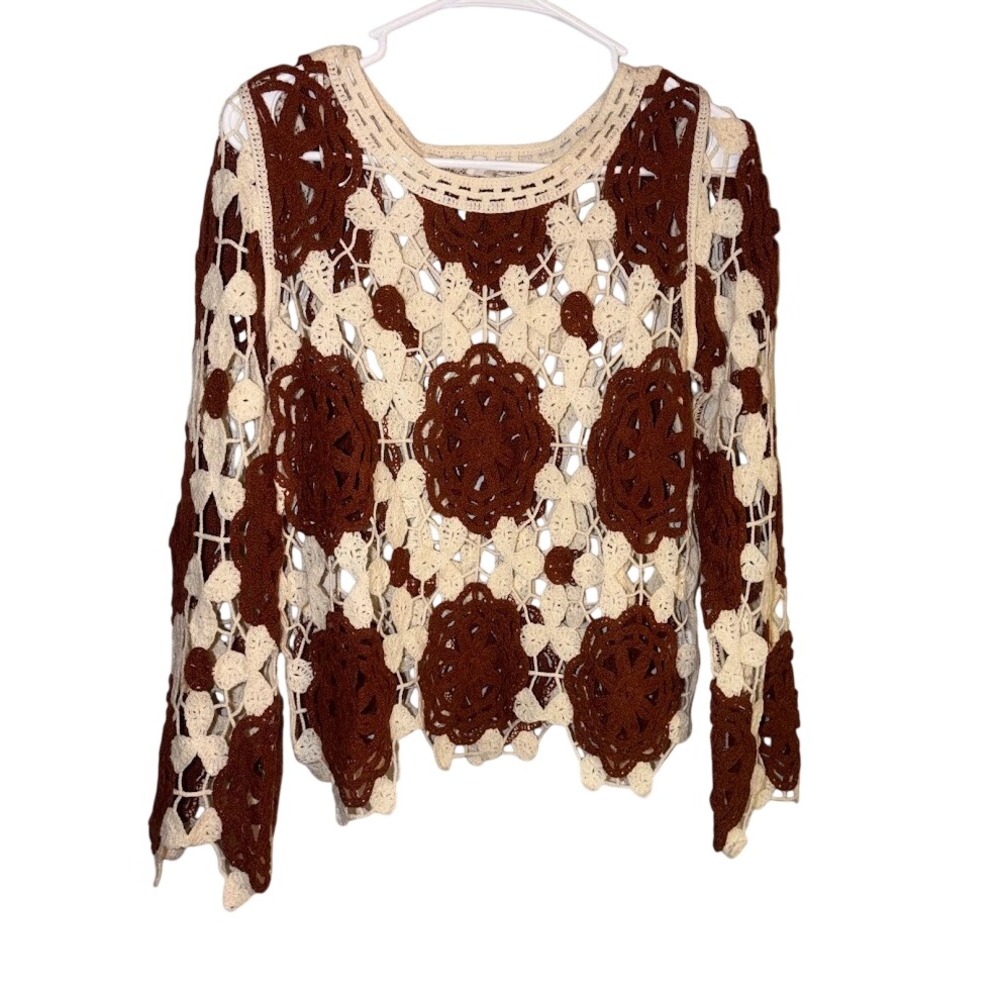Kings Road Crochet Floral Medallion Sweater Brown Cream Boho Knit Top Size S